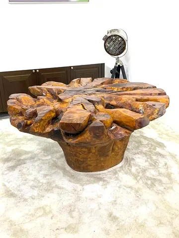 Handcrafted live edge teak root dining table