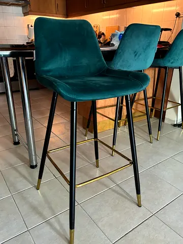 Set of 3 Green Velvet Bar Stools with Gold Accents