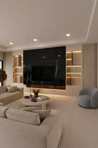 Modern Custom TV Wall Unit with LED Shelves – Premium Living Room Interior Design UAE