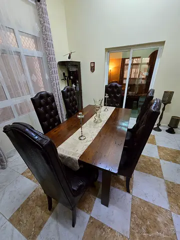 Pottery Barn Wood Dining Table with Padded High-Back Chairs (6-seater)