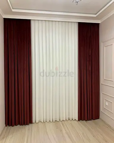 Dark Red Velvet Curtains with Sheer White Inner Panel - Set of Drapes