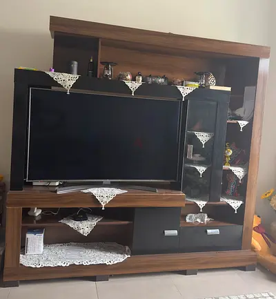 My wooden TV entertainment center with glass display and shelves - excellent condition from Danube