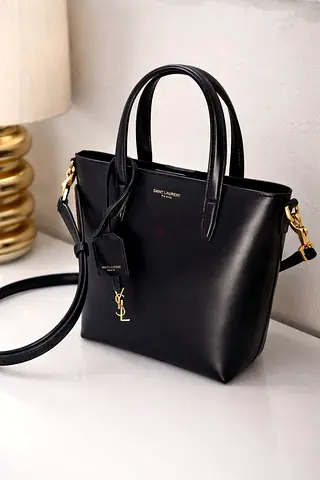 Black Saint Laurent Small Leather Tote Bag with YSL Charm