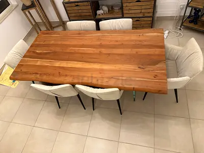 Solid Wood Dining Table with 6 Upholstered Chairs - Modern Rustic. From Marina Home