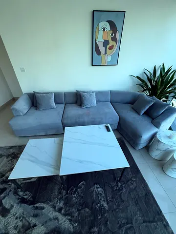 Light grey L-shaped velvet corner sofa | tables | side tables - excellent condition