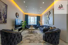 Deluxe two-bedroom apartment with a spacious living room, fully equipped kitchen, and two bathrooms