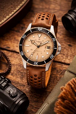 Timex Automatic Diver Style Watch with Beige Dial and Perforated Strap