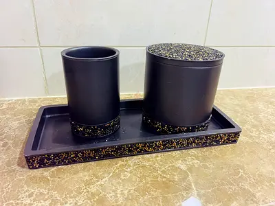 Black Bathroom Accessory Set - Toothbrush Holder, Cotton Jar  Tray