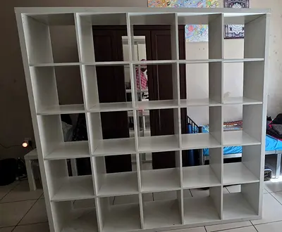 IKEA KALLAX-Large White 25-Cube Bookshelf / Room Divider - with 10 Dorina boxes.