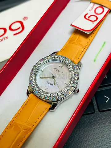 Moog Ladies Crystal Bezel Watch with Yellow Leather Strap - New Madr In France