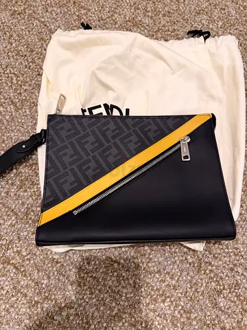 Fendi FF Logo Leather  Canvas Zip Pouch/Clutch ( Original )