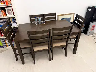 Solid Wood 6-Seater Dining Table with Chairs — Dark Brown