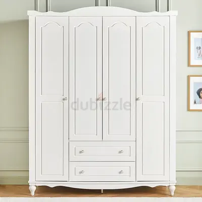 White 4-Door Wooden Wardrobe with Drawers - Classic Design