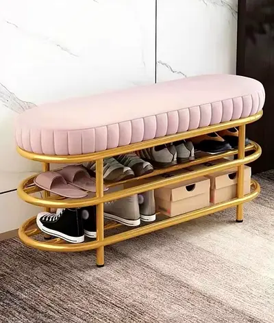 Gold Frame Padded Shoe Bench with Two Shelves | AED 300