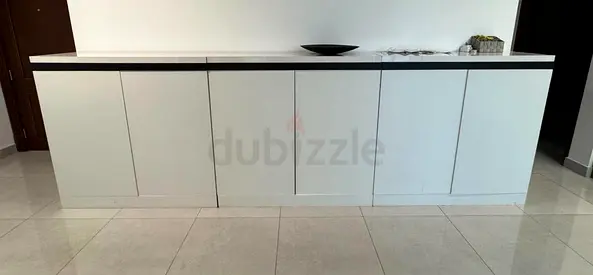 Long Modern White Sideboard / Storage Cabinet — Good Condition