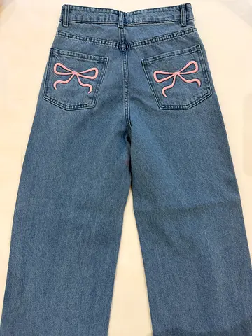 Light Blue Straight-Leg Denim Jeans with Pink Bows, Size 26/32