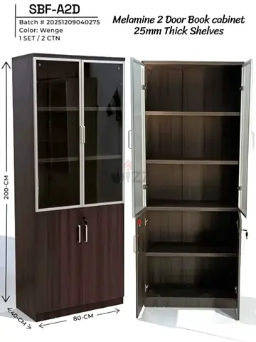 Wenge Melamine 2-Door Book Cabinet with Glass Panels — 25mm Shelves, 200cm H
