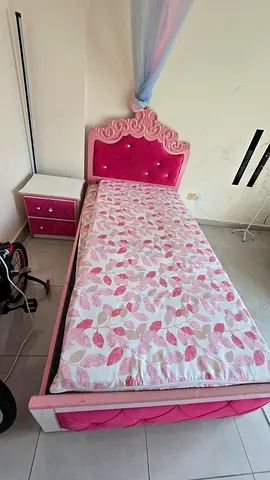 Single Pink Princess Kids Bed with Nightstand and cupboard  — Good Condition