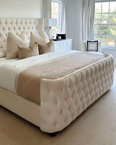 Queen/King Tufted Upholstered Bed Frame in Cream (With Headboard  Footboard)