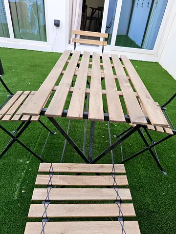 Outdoor Wooden Slatted Bench with Metal Frame - Good Condition