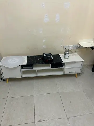 White TV Unit / Entertainment Cabinet with Marble Top Accent