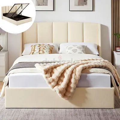 Beige Upholstered Ottoman Storage Bed Frame with Headboard (Queen) - Good Condition