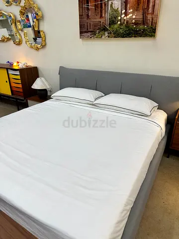 Grey Upholstered Double Bed with Padded Headboard + 2 Walnut Wood Bedside Tables – Perfect Condition