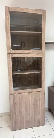 2 IKEA Tall Wooden Display Cabinet with Glass Doors - Light Oak Finish