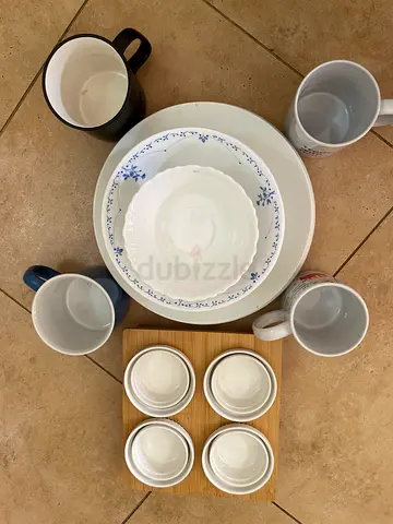 Set of mixed mugs and bowls — used kitchen dinnerware