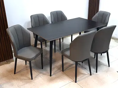 Modern 6-Seater Dining Table with Upholstered Chairs - Dark Grey