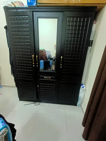 Dark Wooden 3-Door Wardrobe with Mirror - Good Condition