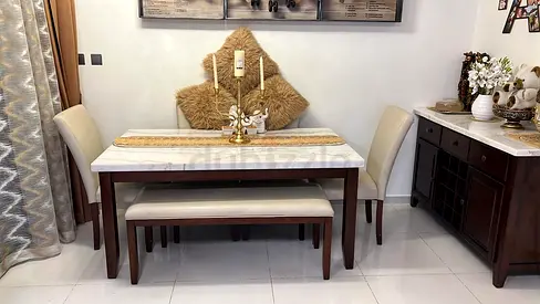 4-Piece Dining Set with Marble-Top Table, Bench  Chairs - Dark Wood