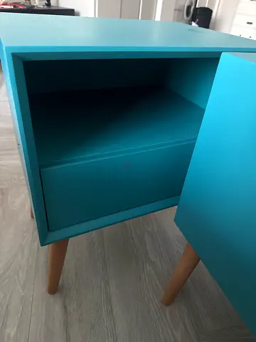 Small turquoise bedside table / storage nightstand with wooden legs x 2