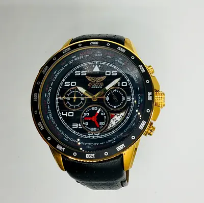 AVIATOR Watch Mens Military Quartz Pilot Chronograph Black Leather Strap Wristwatch