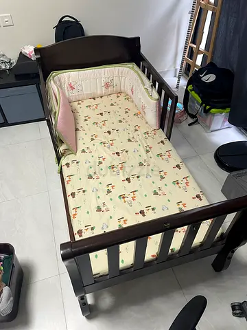 Dark Wood Toddler Bed with Mattress and Bumper - Good Condition