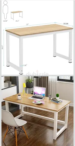 Simple modern study desk with wood top and white metal frame - 120cm