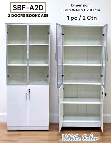 White 2-Door Glass Bookcase / Storage Cabinet - 80x40x200 cm