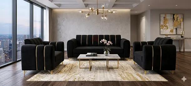 Black Velvet 3-Piece Sofa Set with Gold Trim (Like New)