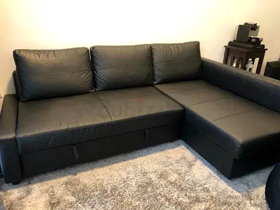 Ikea Black L-shaped Leather Corner Sofa - 3 Seater with Chaise