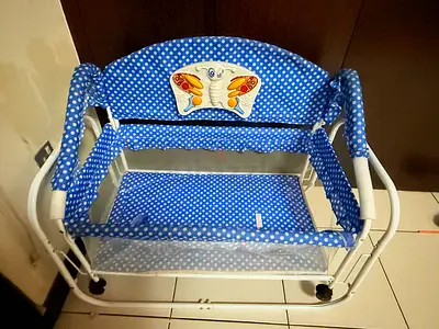 Blue Polka Dot Baby Bassinet / Cradle with Storage Shelf