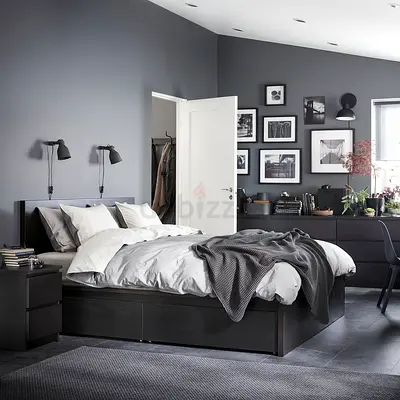 Dark Wooden Double Bed with Mattress, Storage and Matching Nightstands, and Chest of 6 drawers (Set)
