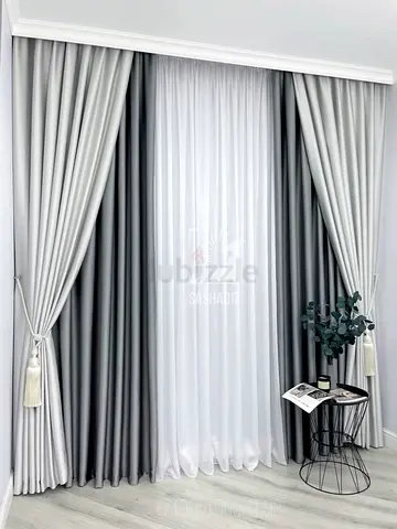Light grey blackout curtains with sheer white voile - set of panels