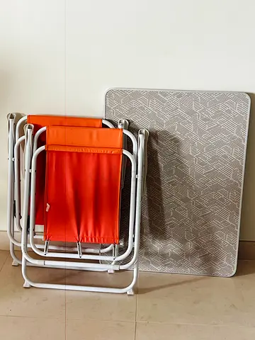 Portable Folding Table with 2 Orange Camping Chairs all foldable