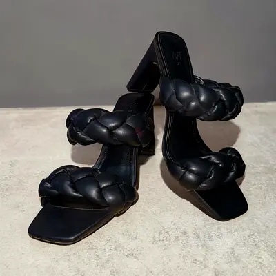 HM Black Braided Strap Block Heel Sandals (EU 37) Pre-Owned
