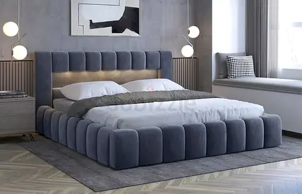 Modern Low-Profile Upholstered Velvet Bed with Padded Headboard (Queen)