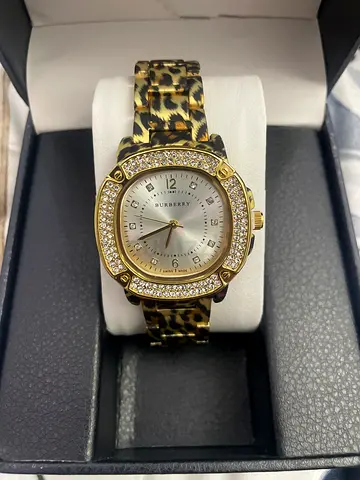 Womens Leopard Print Watch with Crystal-Studded Bezel