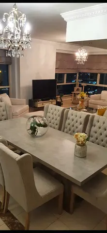 Solid Wood 8-Seater Dining Table with Upholstered Tufted Chairs - Grey Set