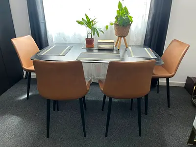 Marble dining table with 4 leather chairs