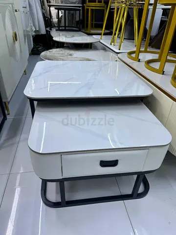 Pair of Modern Nesting Marble-Effect Coffee Tables with Metal Base
