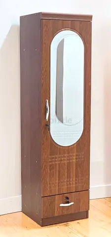 Slim Wooden Wardrobe with Full-Length Mirror and Drawer